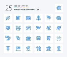 paquete de iconos de color azul usa 25 que incluye mosca. bloon calandrar. iglesia. americano vector