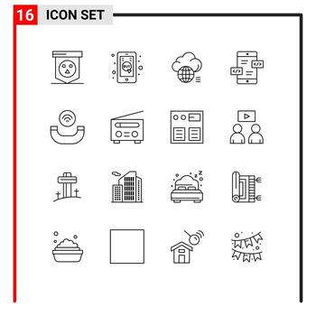 Set of 16 Vector Outlines on Grid for call div cloud arrows technology Editable Vector Design Elements