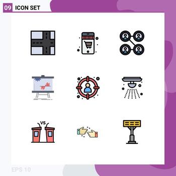 9 User Interface Filledline Flat Color Pack of modern Signs and Symbols of alarm select chart hunting choose Editable Vector Design Elements