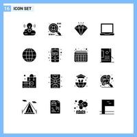 Pack of 16 creative Solid Glyphs of mobile recording mobile computer camera globe Editable Vector Design Elements