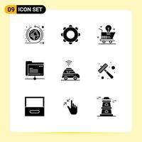 conjunto de 9 iconos de interfaz de usuario modernos signos de símbolos para elementos de diseño de vector editables de bombilla de carpeta de carro de servidor de coche