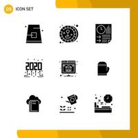 Pack of 9 creative Solid Glyphs of database party time bars new year report Editable Vector Design Elements