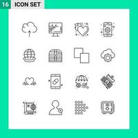 Mobile Interface Outline Set of 16 Pictograms of globe device flame setting gear Editable Vector Design Elements