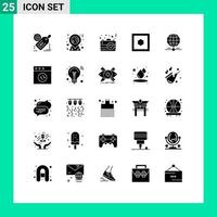 Pack of 25 creative Solid Glyphs of worldwide earth camera six sides hexagon Editable Vector Design Elements