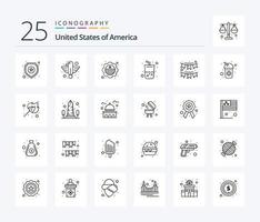 paquete de iconos de 25 líneas de EE. UU., incluido americano. verano. estado. beber. insignia vector