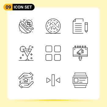 9 Universal Outlines Set for Web and Mobile Applications glass cocktail data beverage page Editable Vector Design Elements
