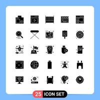 User Interface Pack of 25 Basic Solid Glyphs of film flap clapper user clapboard furniture Editable Vector Design Elements