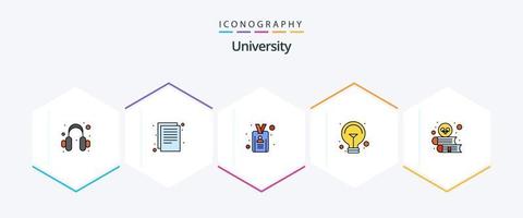 paquete de iconos de 25 líneas completas de la universidad que incluye búho. idea de estudio tarjeta. luz. bulbo vector