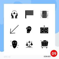 Set of 9 Vector Solid Glyphs on Grid for mind key accounts brain down Editable Vector Design Elements