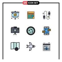 Universal Icon Symbols Group of 9 Modern Filledline Flat Colors of professional camera handycam page camcorder connection Editable Vector Design Elements