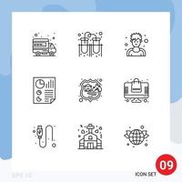 Pack of 9 Modern Outlines Signs and Symbols for Web Print Media such as firewall page athlete document bars Editable Vector Design Elements