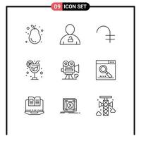 Group of 9 Outlines Signs and Symbols for camera holiday padlock drink coin Editable Vector Design Elements