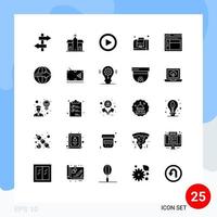 grupo de 25 signos y símbolos de glifos sólidos para elementos de diseño vectorial editables de gestión de Internet de medios de página web vector