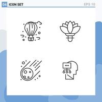 Mobile Interface Line Set of 4 Pictograms of air balloon asteroid city life rose space Editable Vector Design Elements