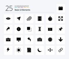 Basic Ui Elements 25 Solid Glyph icon pack including clock. filam. computer. movi. pin vector