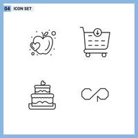 grupo de 4 signos y símbolos de colores planos de línea rellena para elementos de diseño vectorial editables con monedas de la tienda de comida de pastel de bodas de manzana