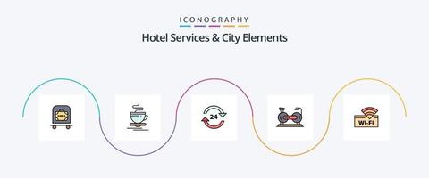 los servicios del hotel y la línea de elementos de la ciudad llenaron el paquete de iconos planos 5 que incluye bicicleta. ciclo. conserje. bicicleta. servicio vector