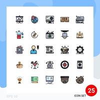 paquete de 25 modernos signos y símbolos de colores planos de línea rellena para medios de impresión web, como tarjetas de pago, memoria de crédito de hobby, elementos de diseño de vectores editables