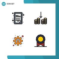 Group of 4 Modern Filledline Flat Colors Set for doc mechanism cash cogwheel license Editable Vector Design Elements