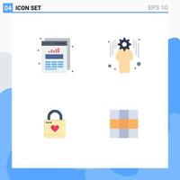 conjunto de 4 iconos planos vectoriales en la cuadrícula para las estadísticas web del corazón del gráfico que configuran los elementos de diseño vectorial editables del bloqueo del corazón vector