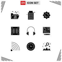 Editable Vector Line Pack of 9 Simple Solid Glyphs of music headphones sunshine audio drain Editable Vector Design Elements