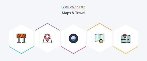 Paquete de iconos de mapas y viajes de 25 líneas completas que incluye . borrar. alfiler vector