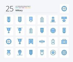 paquete de iconos militares de 25 colores azules que incluye tubo. bacterias medalla. dos. estrella vector