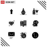 Group of 9 Solid Glyphs Signs and Symbols for interface calculator wine value diamond Editable Vector Design Elements