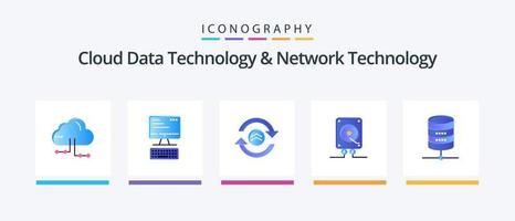 tecnología de datos en la nube y paquete de iconos de 5 planos de tecnología de red que incluye servidor. jugar. flecha . informática. música. diseño de iconos creativos vector