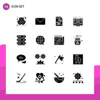 16 Universal Solid Glyphs Set for Web and Mobile Applications computing investment data global secure Editable Vector Design Elements