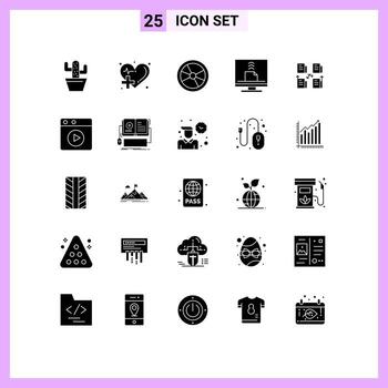 paquete de interfaz de usuario de 25 glifos sólidos básicos del experimento de comunicación del corazón de la computadora de escritorio elementos de diseño vectorial editables vector