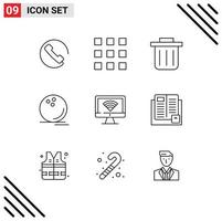 Universal Icon Symbols Group of 9 Modern Outlines of knowledge book sport signal monitor Editable Vector Design Elements