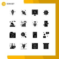 Modern Set of 16 Solid Glyphs Pictograph of achieve boat display beach setting Editable Vector Design Elements