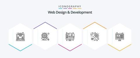 paquete de iconos de 25 líneas de diseño y desarrollo web que incluye web. engranaje. archivo. web. servicio vector