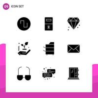 Set of 9 Vector Solid Glyphs on Grid for email products jewel electronics copier Editable Vector Design Elements