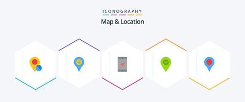 mapa y ubicación 25 paquete de iconos planos que incluye marcador. ubicación. alfiler. minimizar. mapa vector