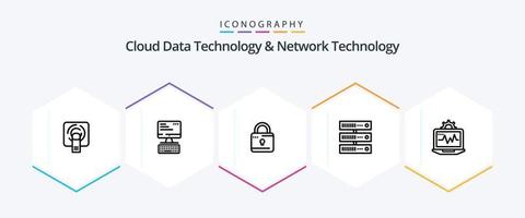 Cloud Data Technology And Network Technology 25 Line icon pack including computer. network. louck . storage. computing vector