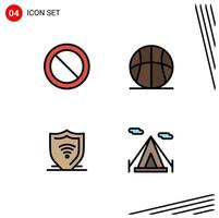 Mobile Interface Filledline Flat Color Set of 4 Pictograms of ban internet security activities game shield Editable Vector Design Elements