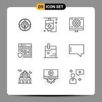 Pack of 9 Modern Outlines Signs and Symbols for Web Print Media such as business web charity protection monitor Editable Vector Design Elements