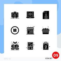 Editable Vector Line Pack of 9 Simple Solid Glyphs of shop market watch video map holiday Editable Vector Design Elements