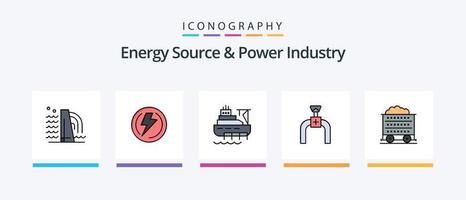 la fuente de energía y la línea de la industria de la energía llenaron un paquete de 5 iconos, incluida la construcción. fuerza. barril. energía. turbina. diseño de iconos creativos vector