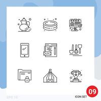 Pack of 9 Modern Outlines Signs and Symbols for Web Print Media such as iphone mobile garden smart phone marketing Editable Vector Design Elements