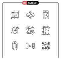 Modern Set of 9 Outlines Pictograph of write mind bug human technology Editable Vector Design Elements