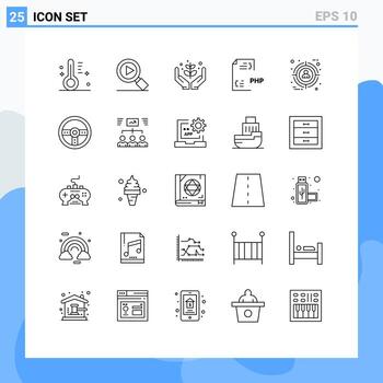 Pack of 25 Modern Lines Signs and Symbols for Web Print Media such as focus document farming development coding Editable Vector Design Elements
