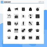 Group of 25 Modern Solid Glyphs Set for birthday logistics machine compass locked Editable Vector Design Elements