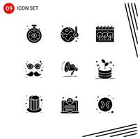 Set of 9 Vector Solid Glyphs on Grid for audio speaker earth moustache carnival Editable Vector Design Elements