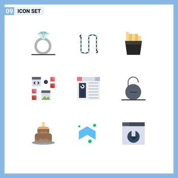 paquete de 9 signos y símbolos modernos de colores planos para medios de impresión web, como desarrollo de programación francesa de aplicaciones de página, elementos de diseño de vectores editables