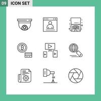 Pack of 9 Modern Outlines Signs and Symbols for Web Print Media such as money bitcoin page offer laptop Editable Vector Design Elements