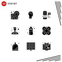 Set of 9 Modern UI Icons Symbols Signs for water bottle conversational interfaces wall decorator Editable Vector Design Elements