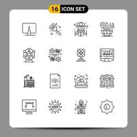 16 User Interface Outline Pack of modern Signs and Symbols of world map flipper umbrella furniture Editable Vector Design Elements